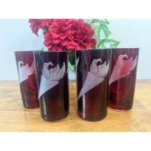 Vintage Ruby Red‎ Etched Floral Highball Glasses Set of 4 Barware Bar Cart